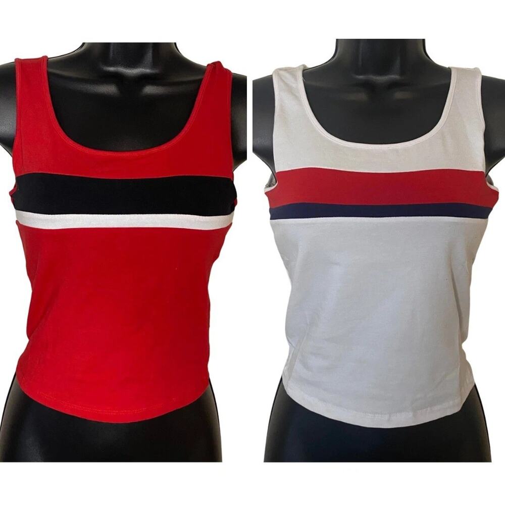 2-pc Active USA Round Neck Striped Cotton Sleeveless Tank Top Red / White SMALL